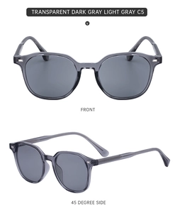 Vues de face et de profil de lunettes de soleil rétro rondes en gris foncé transparent