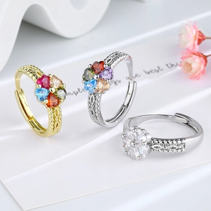 Colorful Heart Rhinestone Flower Ring Copper Hollow Woven Adjustable Open Ring Fashion Jewelry For Women