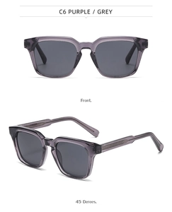 Detail view of rectangular purple frame sunglasses with textured temples and grey lenses