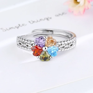 Adjustable silver heart-shaped clover ring with colorful rhinestones and floral design