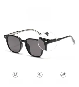 Detail of square sunglasses showing silver metal rivet hinges and durable black frames