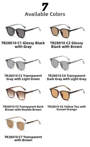 Flat lay display of TR28010 square sunglasses in seven assorted frame and lens colors
