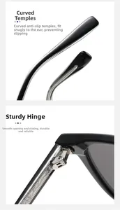 Detail of square sunglasses showing curved anti-slip temples and durable metal hinges
