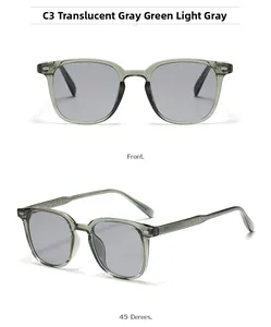 Front and 45-degree views of square sunglasses in transparent grey-green with grey lenses