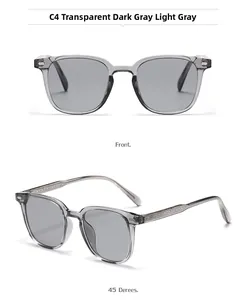 Detail of square sunglasses with translucent dark grey frames and wave-pattern metal core