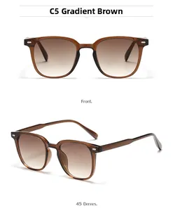 Detail of square amber frames with gradient brown lenses and ornate temple engravings