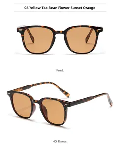 Detail view of square tortoiseshell sunglasses with orange lenses from front and side