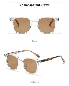 Front and side view of square C7 sunglasses with transparent tea lenses and tortoiseshell arms