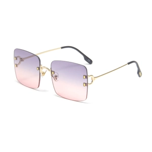 Fashionable rimless square sunglasses with gold metal frame and purple gradient lenses