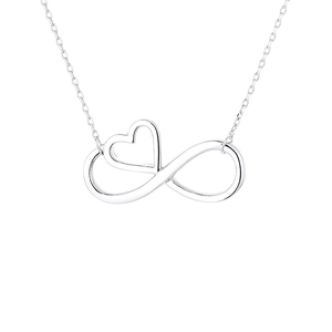 Minimalist silver infinity heart pendant necklace featuring high polished finish on cross chain