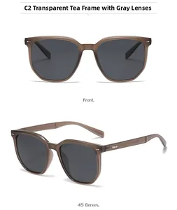Detaillierte Vorder- und Seitenansicht der quadratischen tee-farbenen Sonnenbrille mit grauen Gläsern