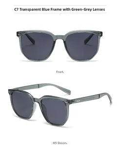 Vorder- und 45-Grad-Ansicht der quadratischen blauen Sonnenbrille mit graugrünen Gläsern