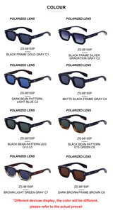 Grille détaillée de lunettes de soleil carrées polarisées disponibles en huit couleurs chic