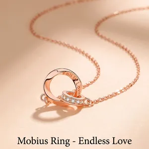 Rose gold Mobius double ring necklace with Fall In Love engraving and white zircon inlay