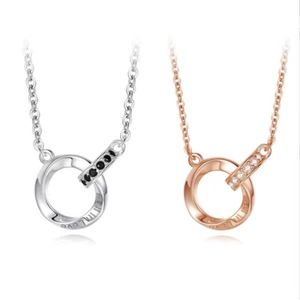 Interlocking circles couples necklace with 'In Love' engraving in silver and rose gold