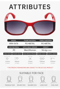 Detailed size chart for HRH-3676 sunglasses with frame dimensions and facial fit guide