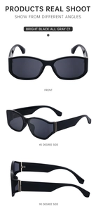 Three perspectives of glossy black sunglasses with grey lenses and gold metal accents
