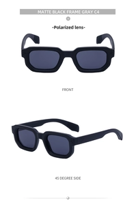 Détail de lunettes de soleil polarisées carrées noir mat avec verres gris et logo en T