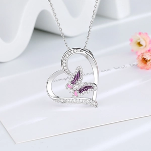 Collier Pendentif Papillon Coeur En Cuivre Mode Plqué Platine Zircon Émail Mauve Rose Bijoux Pour Femmes Romantique