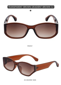 Front and 45-degree side views of retro transparent brown sunglasses with gradient lenses