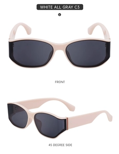 Front and 45-degree side macro view of creamy white sunglasses with solid gray lenses
