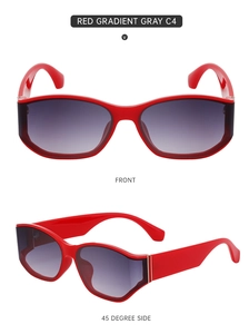 Front and 45-degree side view of red wide-frame sunglasses with gradient gray lenses