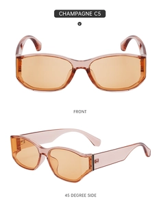 Detailed front and 45 degree side view of champagne translucent fashion sunglasses
