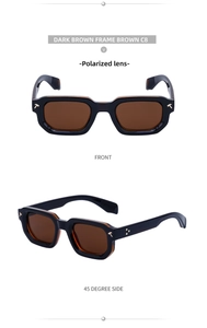 Détails de lunettes de soleil carrées marron foncé avec charnières dorées en forme de T