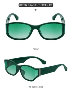 Detailed view of fashion sunglasses in green gradient finish showing front and side angles