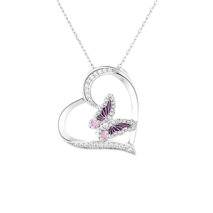 Collier avec pendentif cœur et papillon en argent, émail rose violet et oxydes de zirconium