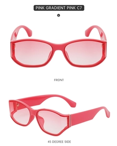 Detail showing the pink gradient lenses and wide temples of these fashion sunglasses