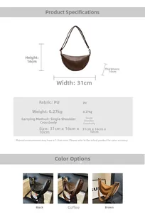 Detailed size chart showing dimensions 31x16x10cm for the PU leather crescent bag