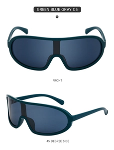 Détail de lunettes de soleil de sport vert-bleu-gris avec vues de face et de profil à 45°