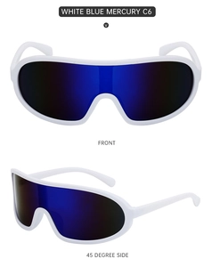 Vue détaillée de face et à 45 degrés de lunettes de soleil de sport blanches à verres bleus