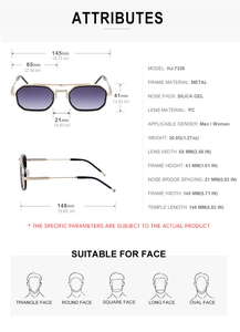 Spécifications détaillées des dimensions pour lunettes de soleil carrées à monture métal