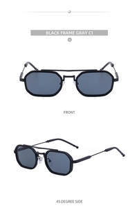 Vues de face et de profil de lunettes de soleil noires à double pont et verres gris
