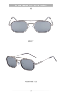 Vue de face et de profil de lunettes de soleil vintage en métal argenté avec verres miroirs
