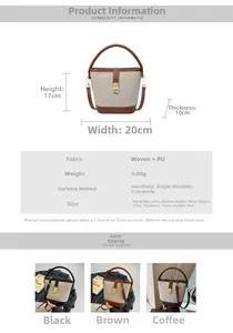 Detailed size chart of two-tone bucket bag with fabric and PU leather dimensions