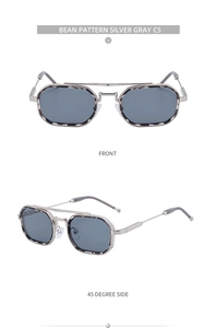 Détail des lunettes de soleil carrées gris argenté avec monture métallique à motif haricot