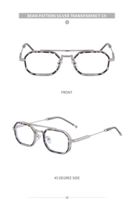 Détail de lunettes de soleil carrées en métal argenté avec motif écaille de tortue