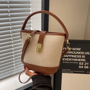 Women Fashion Canvas PU Leather Patchwork Bucket Bag Metal Lock Adjustable Shoulder Strap Contrast Color Casual Crossbody Bag
