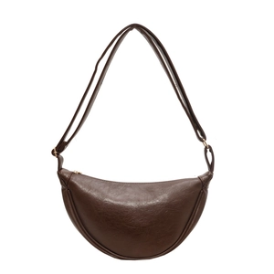 Retro brown large capacity crescent shoulder bag in premium textured vegan leather