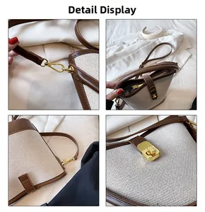 Detailed views of woven bucket bag featuring brown leather trim and gold metal hardware