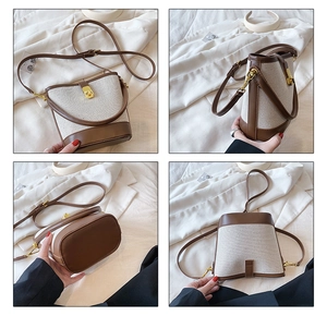 Detail shots of canvas and leather bucket bag showing gold hardware and multi-angle views