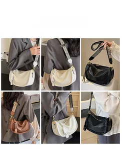 Woven texture crescent bags in beige, black and brown with geometric wide straps
