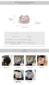 Tableau des tailles pour sac seau plissé indiquant 20x16x14cm et détails en PU