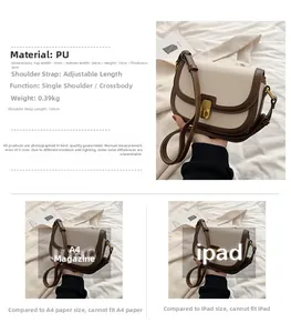 Detail showing dimensions and capacity of this retro cream and brown PU leather crossbody bag
