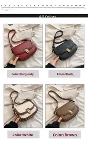 Detail view of four semi-circle saddle bags in burgundy, black, white, and brown colors
