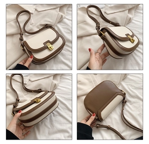 Detailed four-grid view showing retro saddle bag with gold clasp and adjustable strap