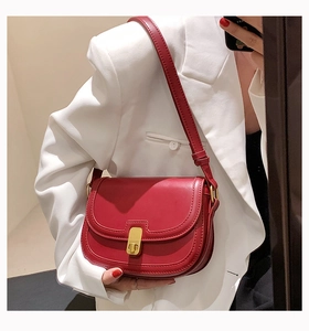 Close-up of red leather saddle bag with gold metal buckle and adjustable shoulder strap